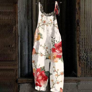 Women's Printed Street Hipster Multi-color Cotton And Linen Suspender Jumpsuit - Xmaker