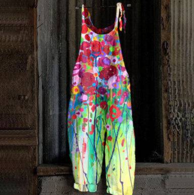 Women's Printed Street Hipster Multi-color Cotton And Linen Suspender Jumpsuit - Xmaker