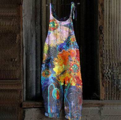 Women's Printed Street Hipster Multi-color Cotton And Linen Suspender Jumpsuit - Xmaker