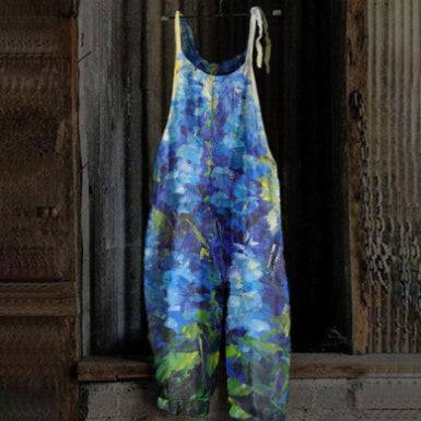 Women's Printed Street Hipster Multi-color Cotton And Linen Suspender Jumpsuit - Xmaker