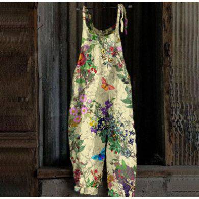 Women's Printed Street Hipster Multi-color Cotton And Linen Suspender Jumpsuit - Xmaker