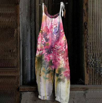 Women's Printed Street Hipster Multi-color Cotton And Linen Suspender Jumpsuit - Xmaker