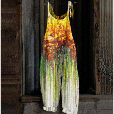 Women's Printed Street Hipster Multi-color Cotton And Linen Suspender Jumpsuit - Xmaker