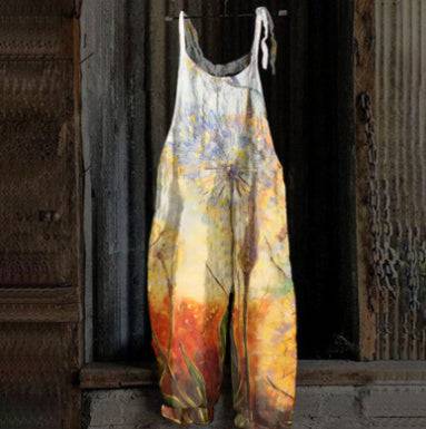 Women's Printed Street Hipster Multi-color Cotton And Linen Suspender Jumpsuit - Xmaker