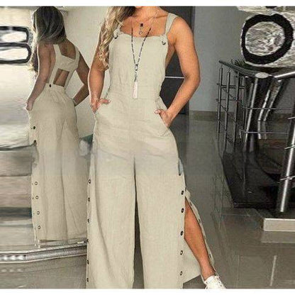 Women's Solid Color Sleeveless Side Pocket Casual Wide Leg Side Buckle Jumpsuit - Xmaker