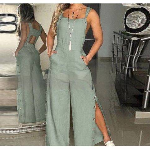 Women's Solid Color Sleeveless Side Pocket Casual Wide Leg Side Buckle Jumpsuit - Xmaker