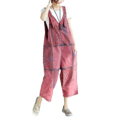 Washed-out Big Crotch Ninth Plus Size Stitching Denim Suspender Jumpsuit - Xmaker