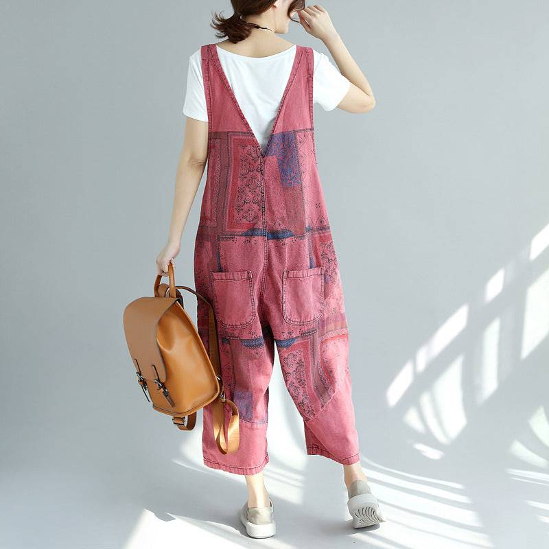 Washed-out Big Crotch Ninth Plus Size Stitching Denim Suspender Jumpsuit - Xmaker