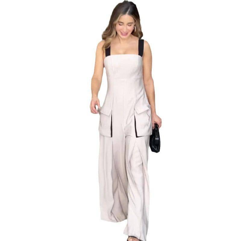 Contrast Casual Style Square Collar Sling Wide Leg Jumpsuit - Xmaker