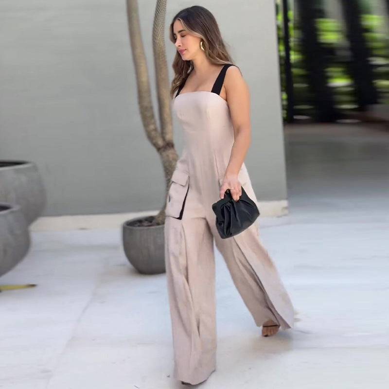 Contrast Casual Style Square Collar Sling Wide Leg Jumpsuit - Xmaker