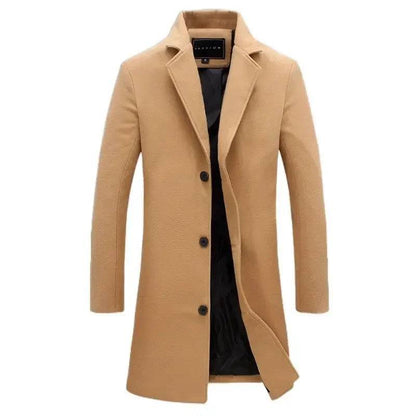 Men's Woolen Single Breasted Lapel Long Coat Jacket