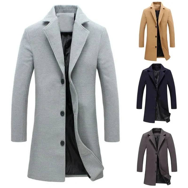 Men's Woolen Single Breasted Lapel Long Coat Jacket