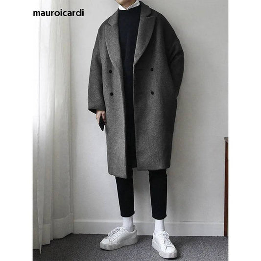 Men's Loose Casual Soft Warm Woolen Cocoon Coat Lapel Double Breasted