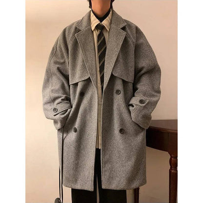 Men's Double Breasted Oversize Medium Length Woolen Coat - Xmaker