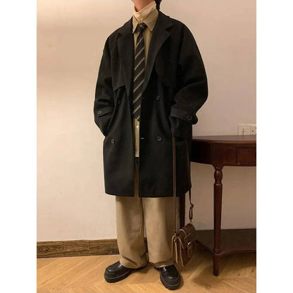 Men's Double Breasted Oversize Medium Length Woolen Coat - Xmaker