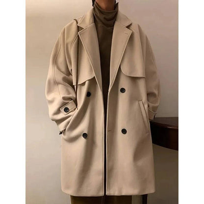 Men's Double Breasted Oversize Medium Length Woolen Coat