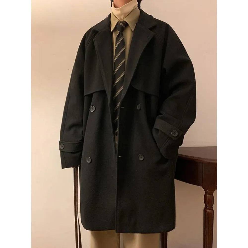 Men's Double Breasted Oversize Medium Length Woolen Coat