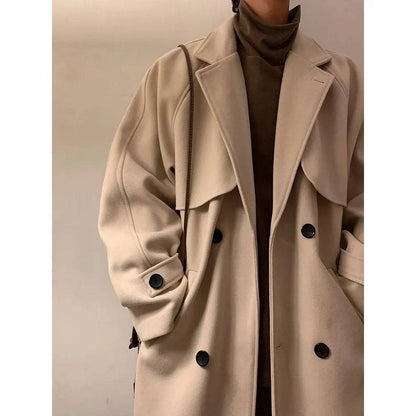 Men's Double Breasted Oversize Medium Length Woolen Coat