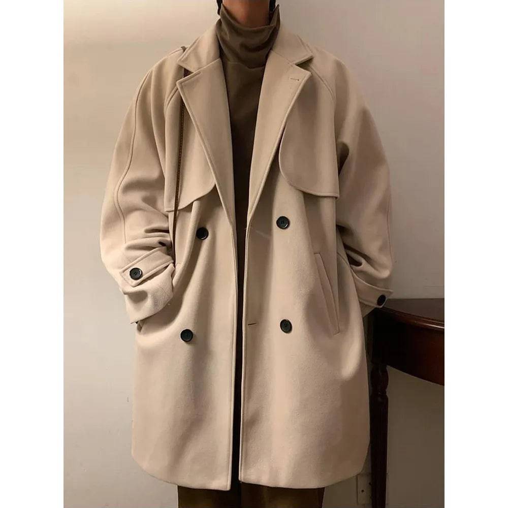 Men's Double Breasted Oversize Medium Length Woolen Coat