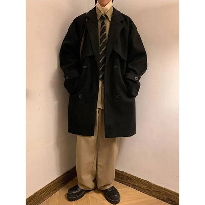 Men's Double Breasted Oversize Medium Length Woolen Coat