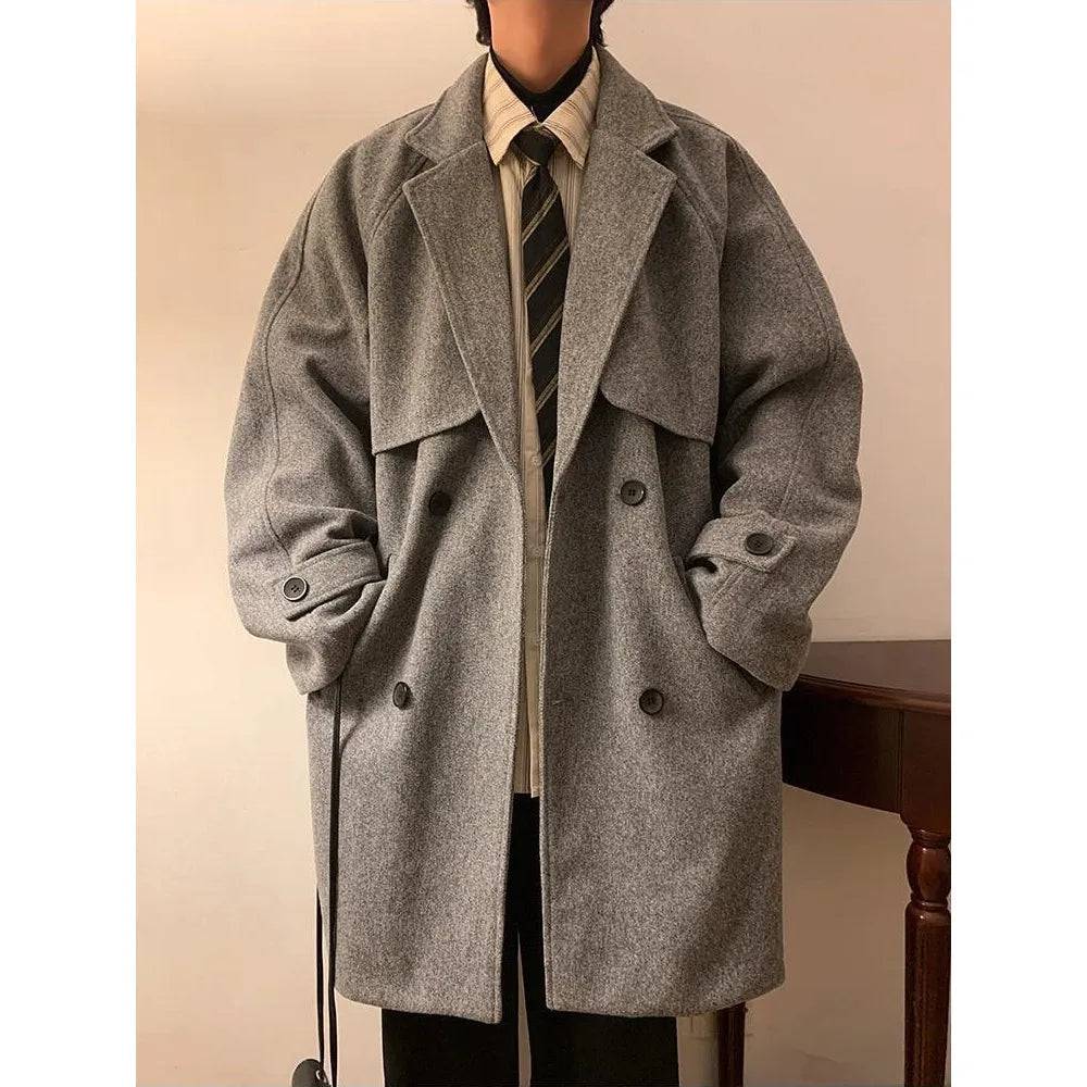 Men's Double Breasted Oversize Medium Length Woolen Coat