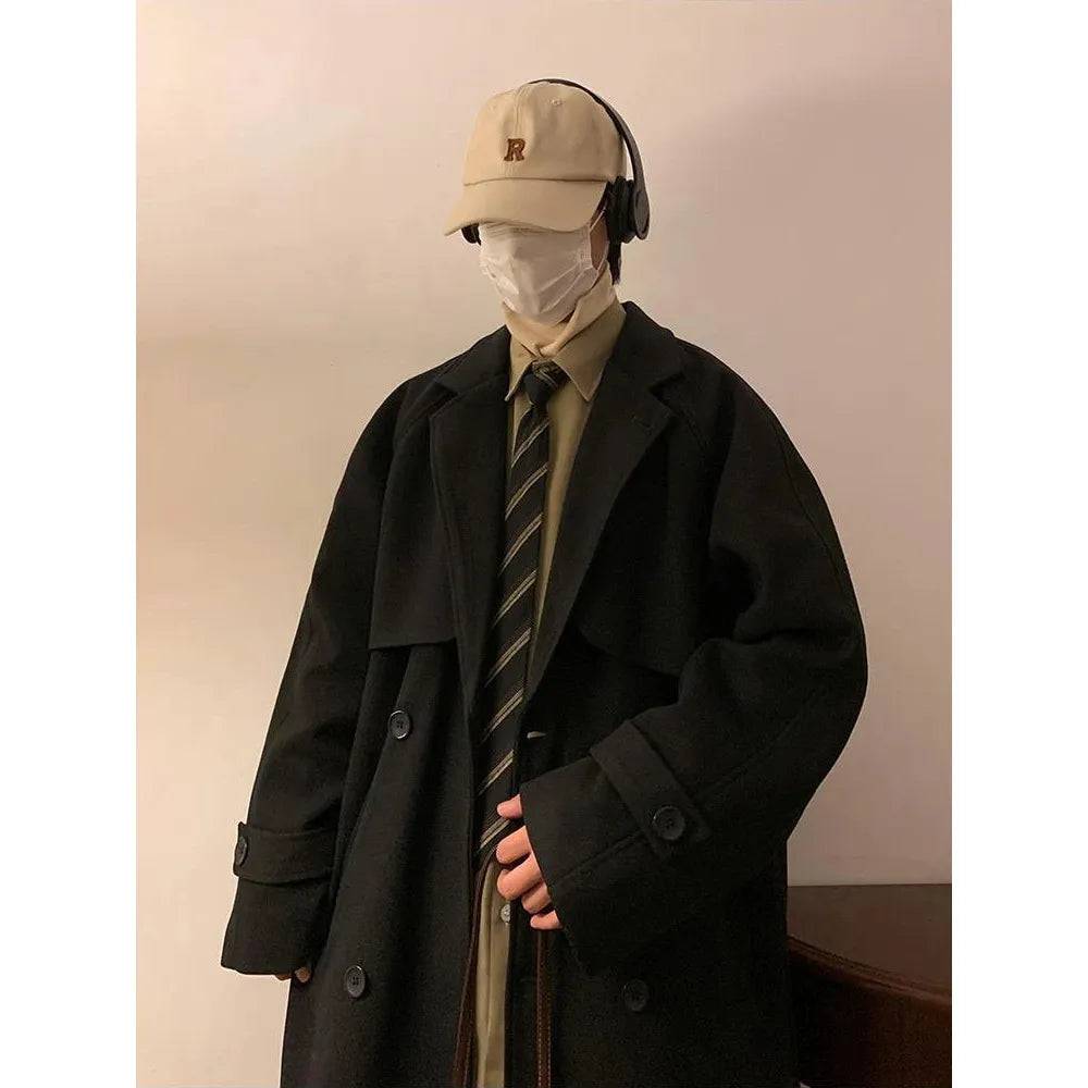 Men's Double Breasted Oversize Medium Length Woolen Coat