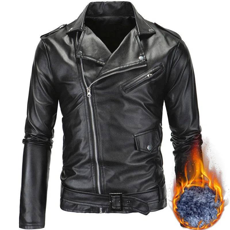 Men Slim Leather Jackets Oblique Zipper Motorcycle