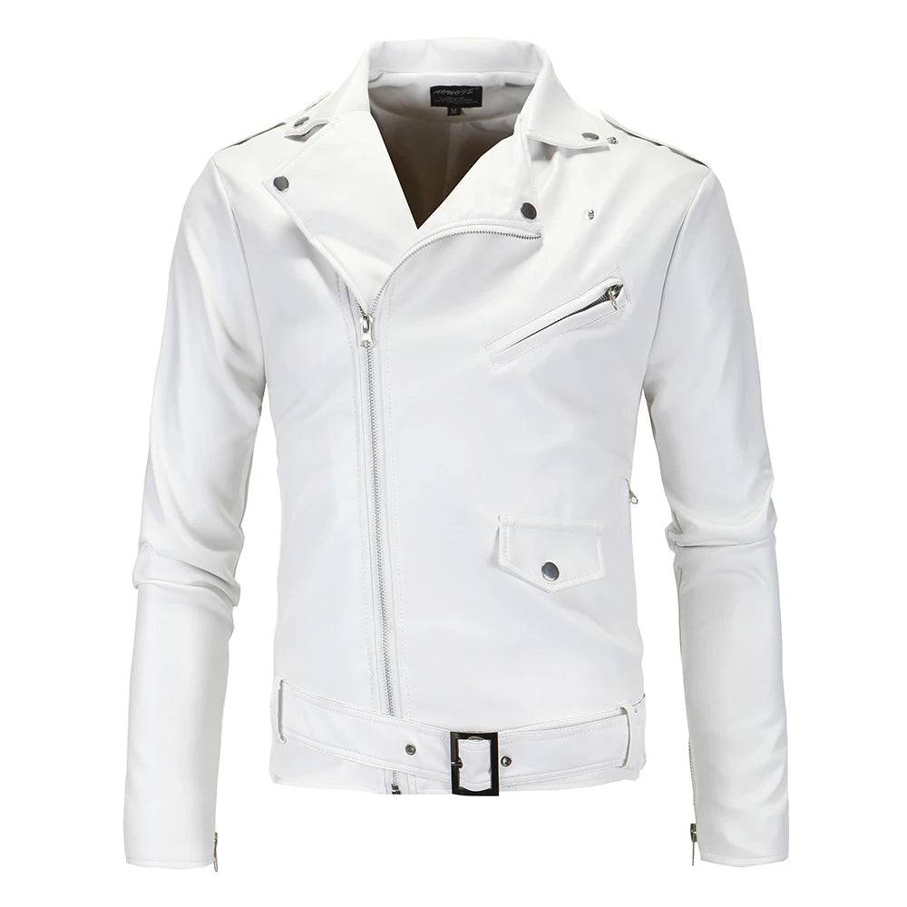 Men Slim Leather Jackets Oblique Zipper Motorcycle