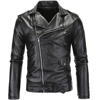 Men Slim Leather Jackets Oblique Zipper Motorcycle