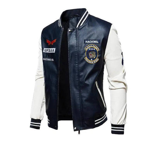 Men's Casual Motorcycle Leather Embroidered Jersey Slim Fit Zipper PU Jacket