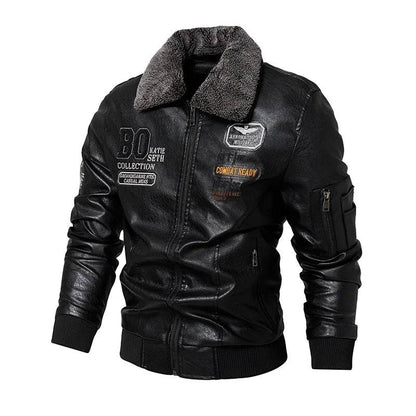 Men's Leather Jacket Detachable Fur Collar Thick Coat Original Embroidered