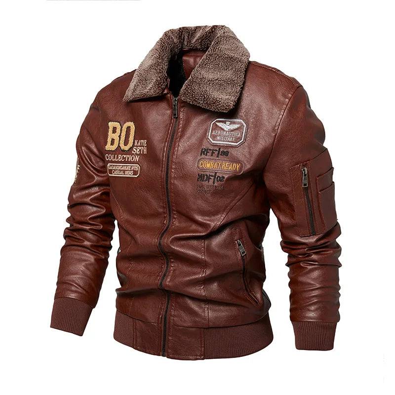 Men's Leather Jacket Detachable Fur Collar Thick Coat Original Embroidered