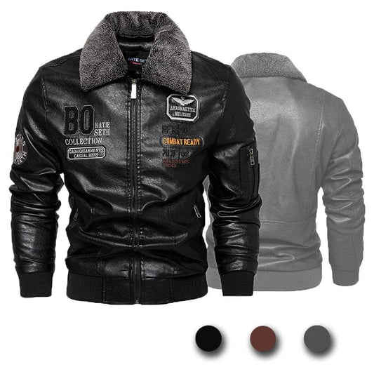 Men's Leather Jacket Detachable Fur Collar Thick Coat Original Embroidered