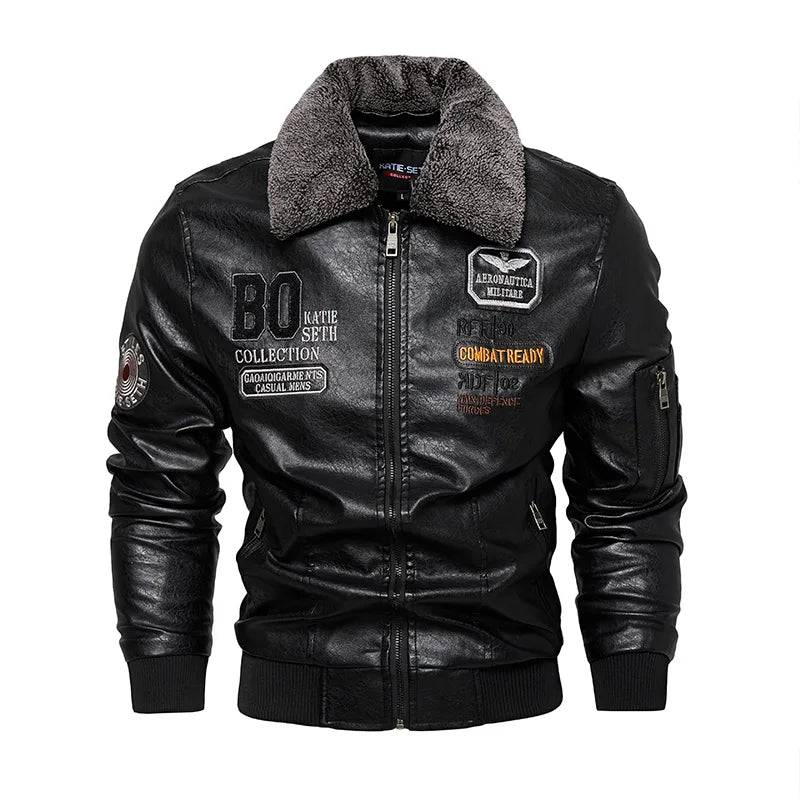 Men's Leather Jacket Detachable Fur Collar Thick Coat Original Embroidered