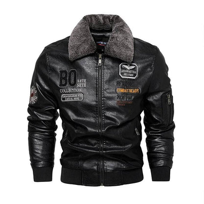 Men's Leather Jacket Detachable Fur Collar Thick Coat Original Embroidered