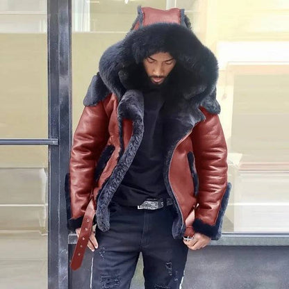 Men's Leather Coat Warm Windproof One Piece Coat Hooded