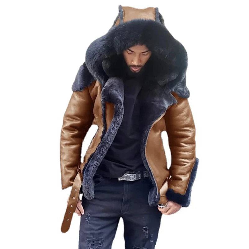 Men's Leather Coat Warm Windproof One Piece Coat Hooded