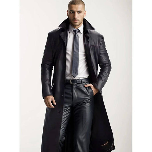 Men's solid color leather jacket extended leather jacket