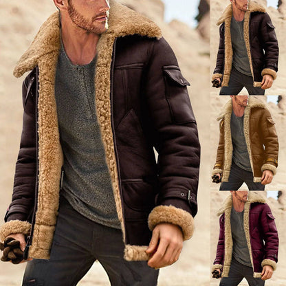 Men Plus Size Lapel Collar Long Sleeve Padded Leather Warm Jacket