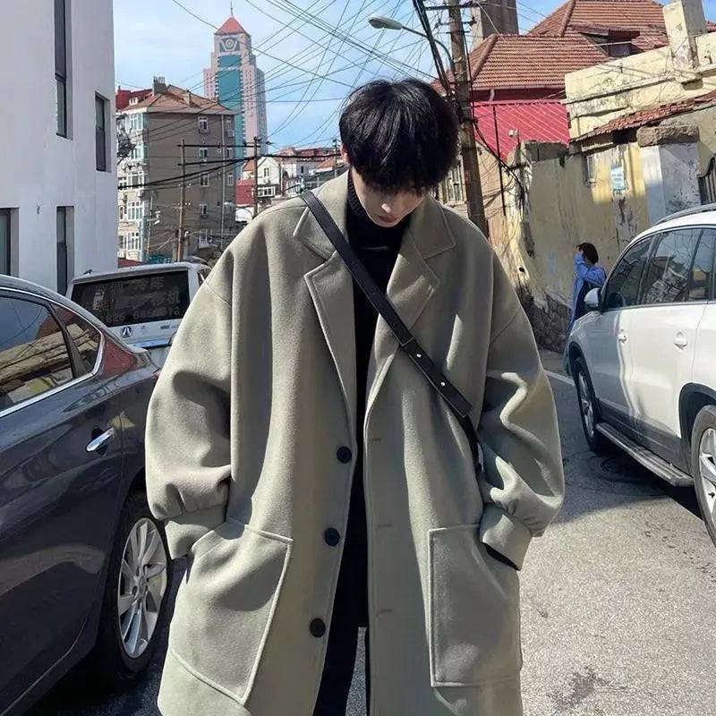 Men Winter single-breasted mid-length woolen coat