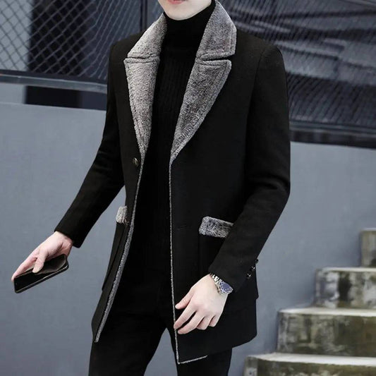 Men Single-breasted Washable Thick Turn-down Collar Woolen Jacket