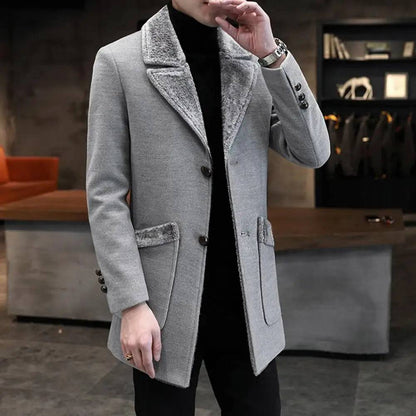 Men Single-breasted Washable Thick Turn-down Collar Woolen Jacket