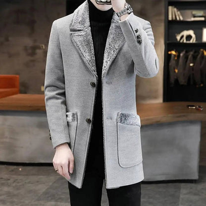 Men Single-breasted Washable Thick Turn-down Collar Woolen Jacket