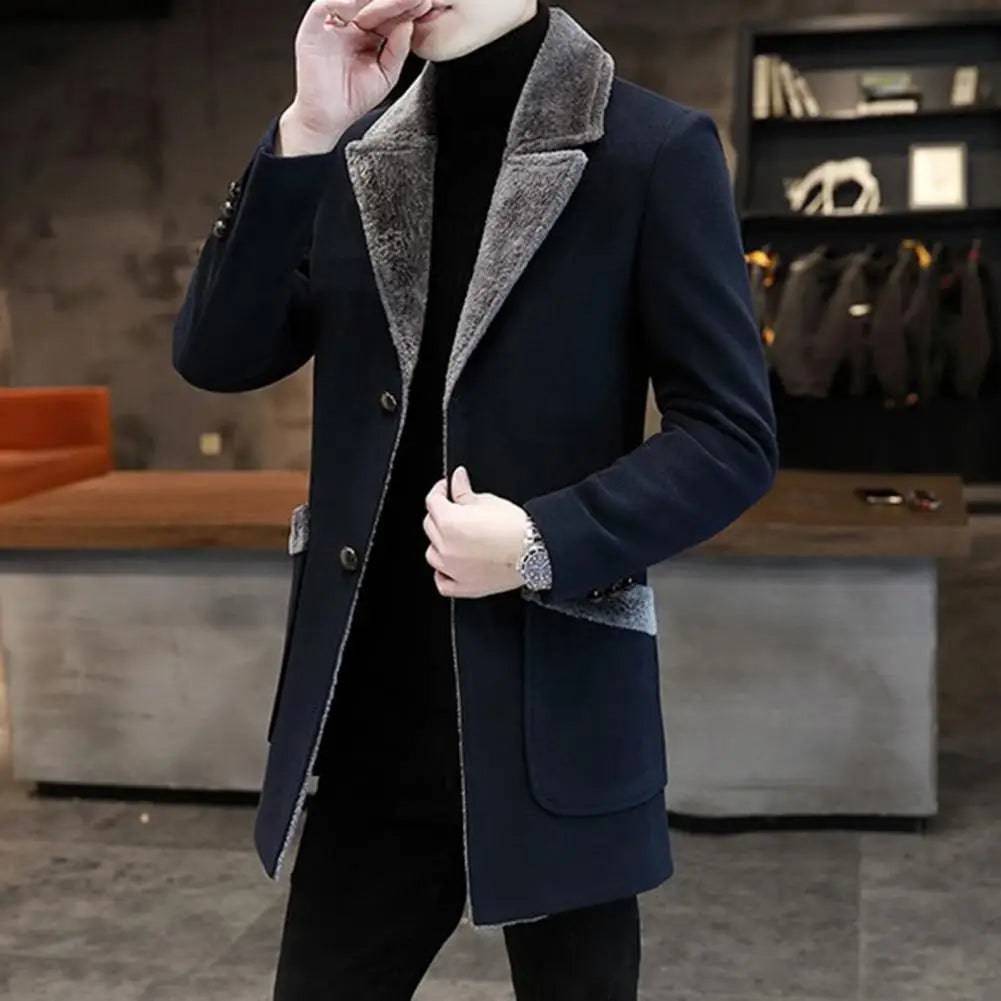 Men Single-breasted Washable Thick Turn-down Collar Woolen Jacket