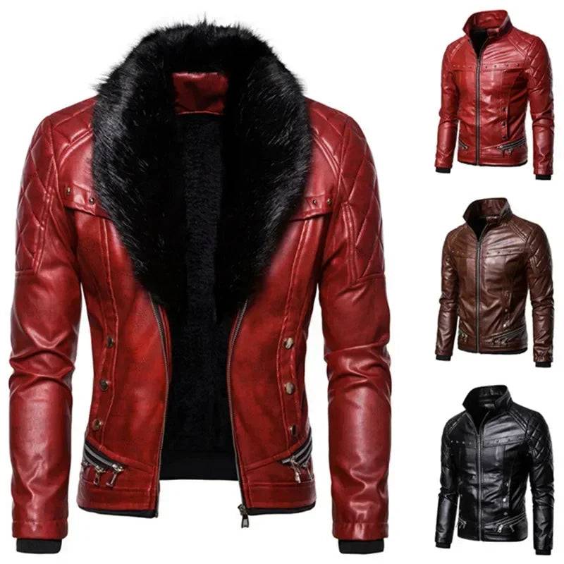 Men Suede Collar Removable Slim Fit Bomber Wool Leather Jacket