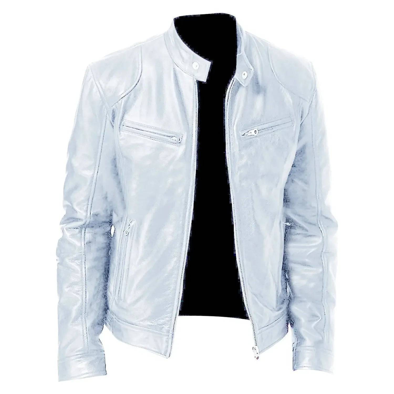 Mens Leather Zipper PU Stand Collar Slim Jacket - Xmaker