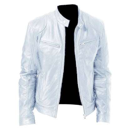 Mens Leather Zipper PU Stand Collar Slim Jacket - Xmaker