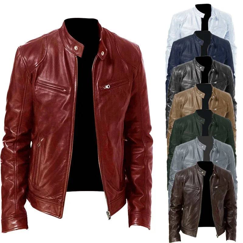 Mens Leather Zipper PU Stand Collar Slim Jacket - Xmaker