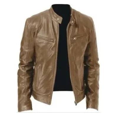 Mens Leather Zipper PU Stand Collar Slim Jacket