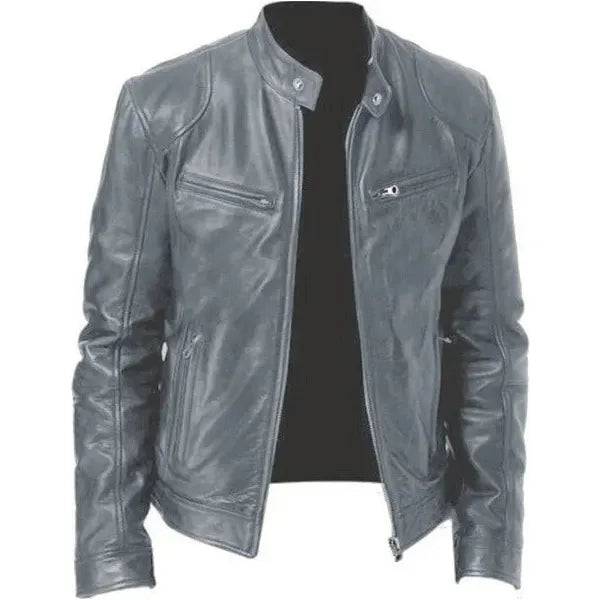 Mens Leather Zipper PU Stand Collar Slim Jacket